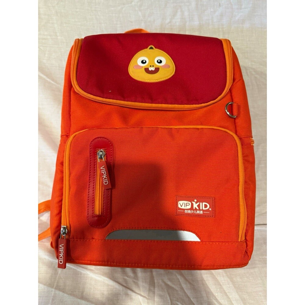 VIPKID Small Orange Backpack Smile Face Patch Zip Padded Adjustable Straps
